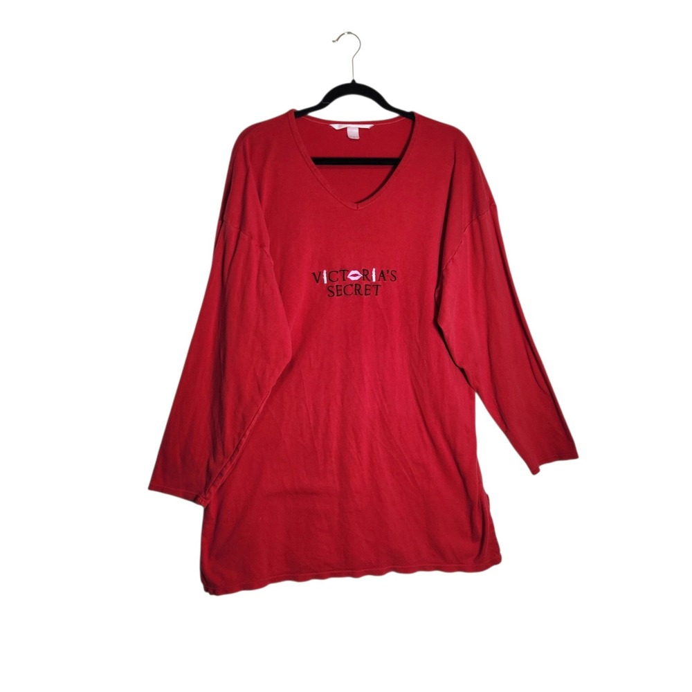 Vintage Victorias Secret Red Cotton Nightshirt V-Neck Long Sleeve XL